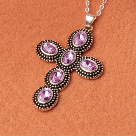 Purple Amethyst, Simulated, Retro Cross Pendant Silver Plated Necklace - Picture 8 of 8